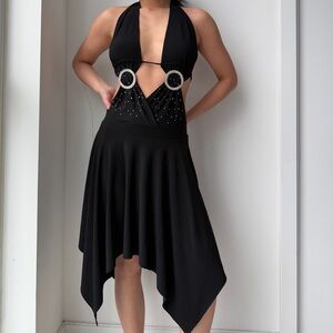 2000s Made in USA Black Crystal Ring Cutout Handkerchief Dress - Small